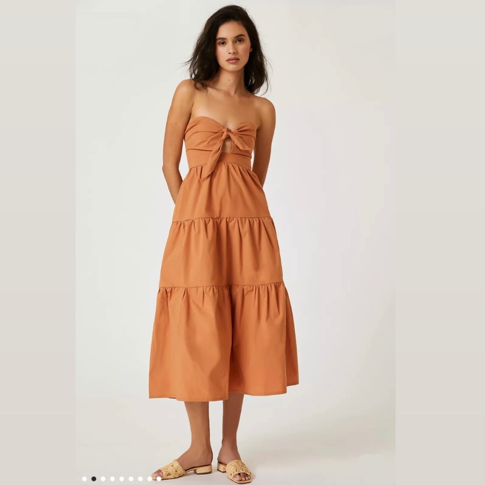 Anthropologie Blue Tassel Strapless Tie-Front‎ Cut Out Tiered Midi Dress Size XS